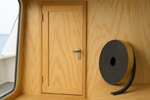 Vita fukttåliga innerdörrar med marint tema i ett badrum