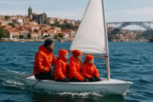 Tre glada barn i färgglada seglarjackor ombord på en båt