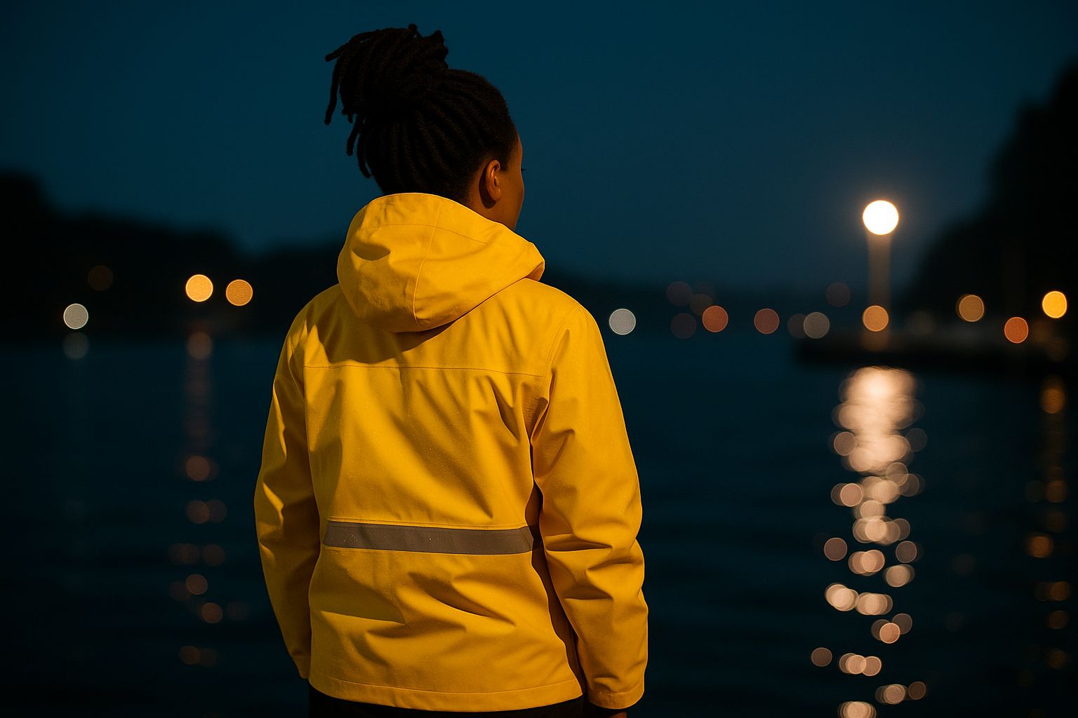 Reflekterande regnjacka på en brygga i mörker, med båtar i bakgrunden